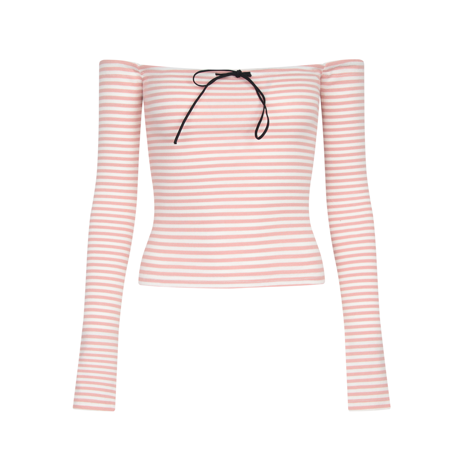 甜妹粉白条纹一字肩长袖T恤女春季辣妹修身显瘦短上衣心机露肩衫