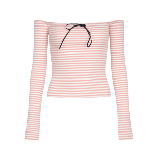 甜妹粉白条纹一字肩长袖T恤女春季辣妹修身显瘦短上衣心机露肩衫