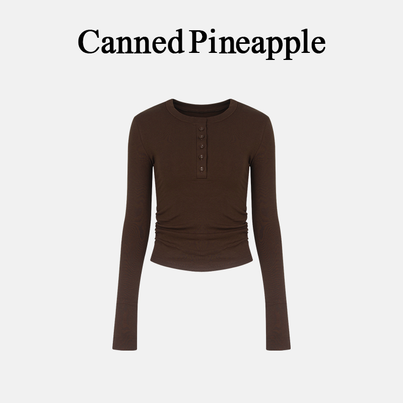 美式复古抓绒保暖纽扣长袖打底衫女秋冬新款收腰褶皱百搭显瘦上衣