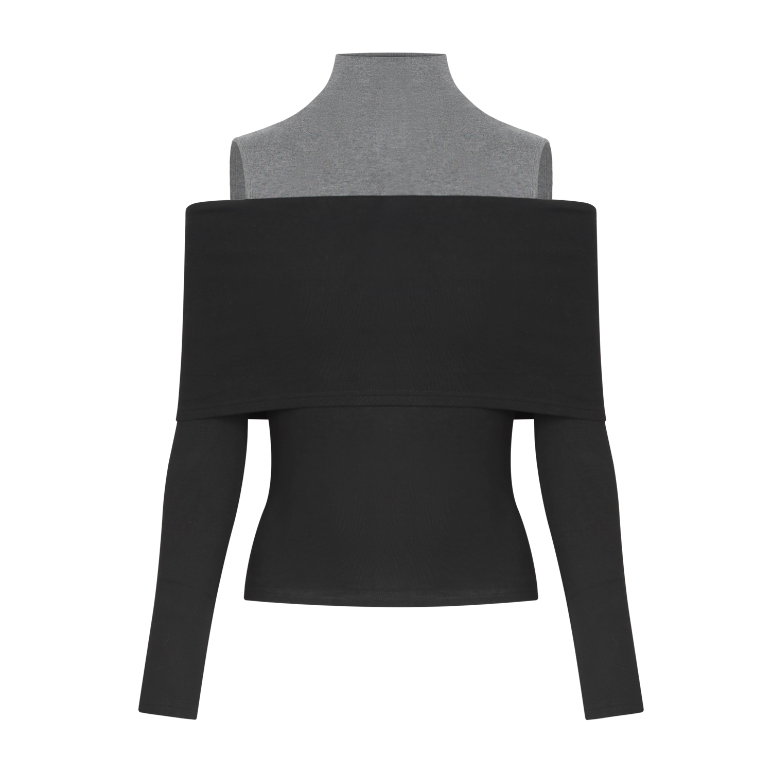 自制潮流高领露肩百搭T恤女撞色假两件设计修身打底上衣