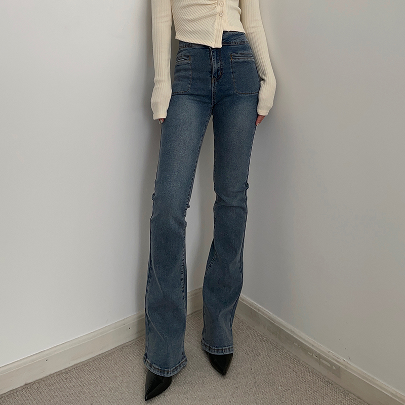 修身显高弹力牛仔高腰微喇叭女
