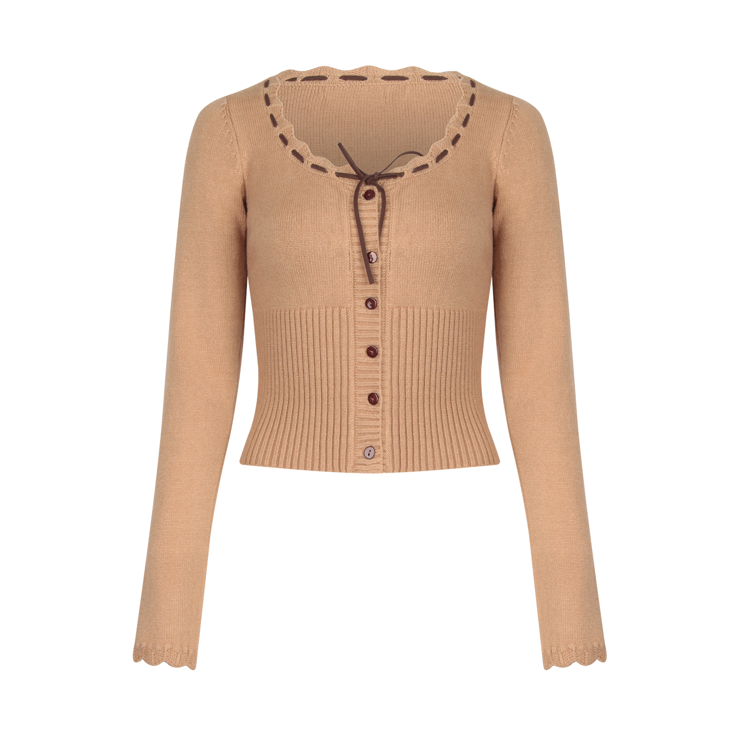 欧美风复古木耳边系带收腰显瘦长袖针织衫女显瘦U领短款上衣