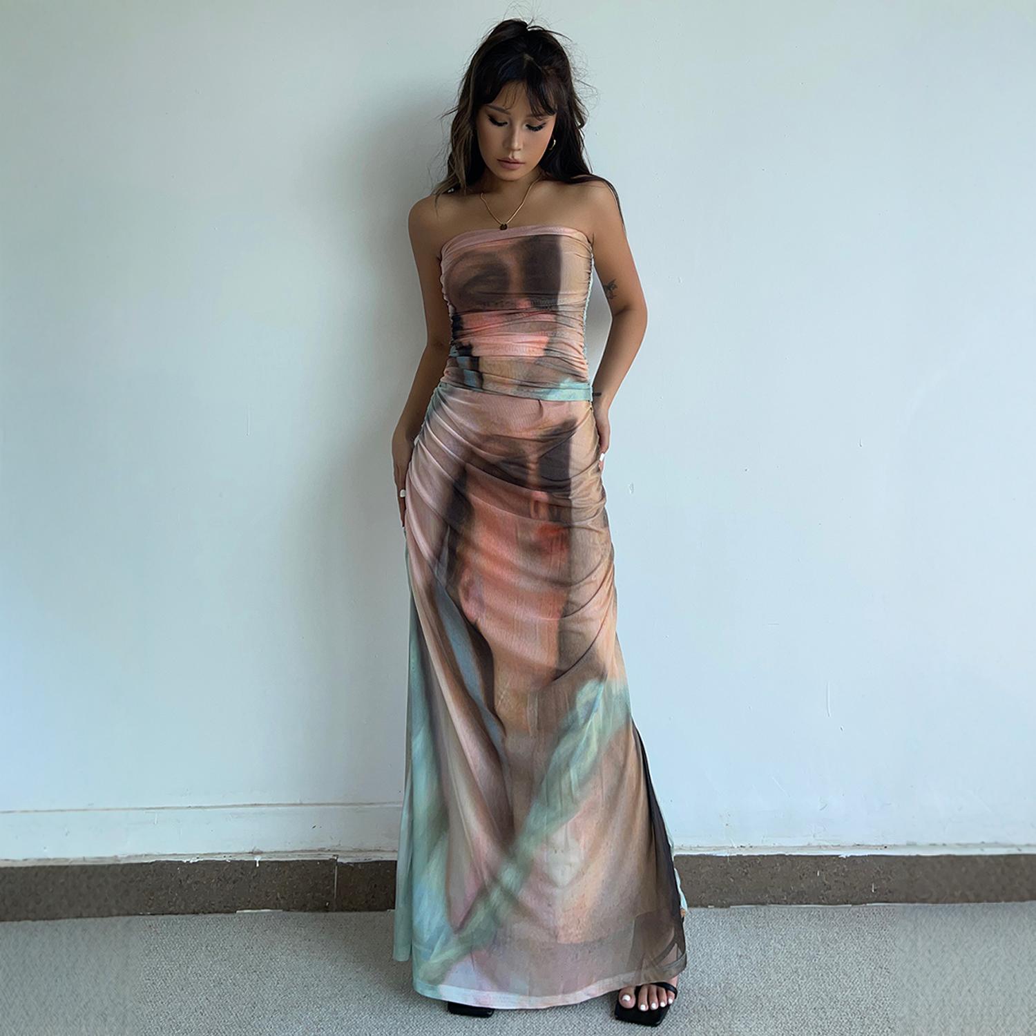 超显身材纯欲辣妹晕色双层网纱印花褶皱抹胸上衣+半裙度假风套装