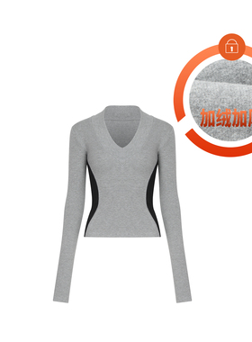 自制蚂蚁腰相色V领长袖T恤女秋冬加绒加厚收腰打底衫辣妹巨显856