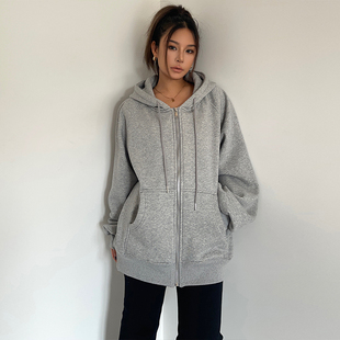 金智妮同款宽松慵懒欧美风灰色连帽卫衣女秋冬季加厚外穿拉链外套
