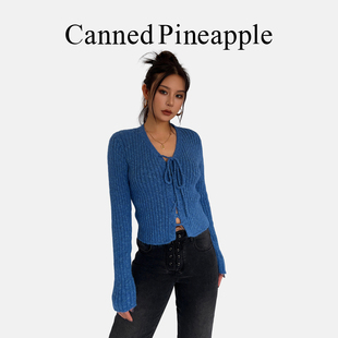 欧美风新款复古辣妹修身系绳开衫V领显瘦针织上衣女小香风短款ins