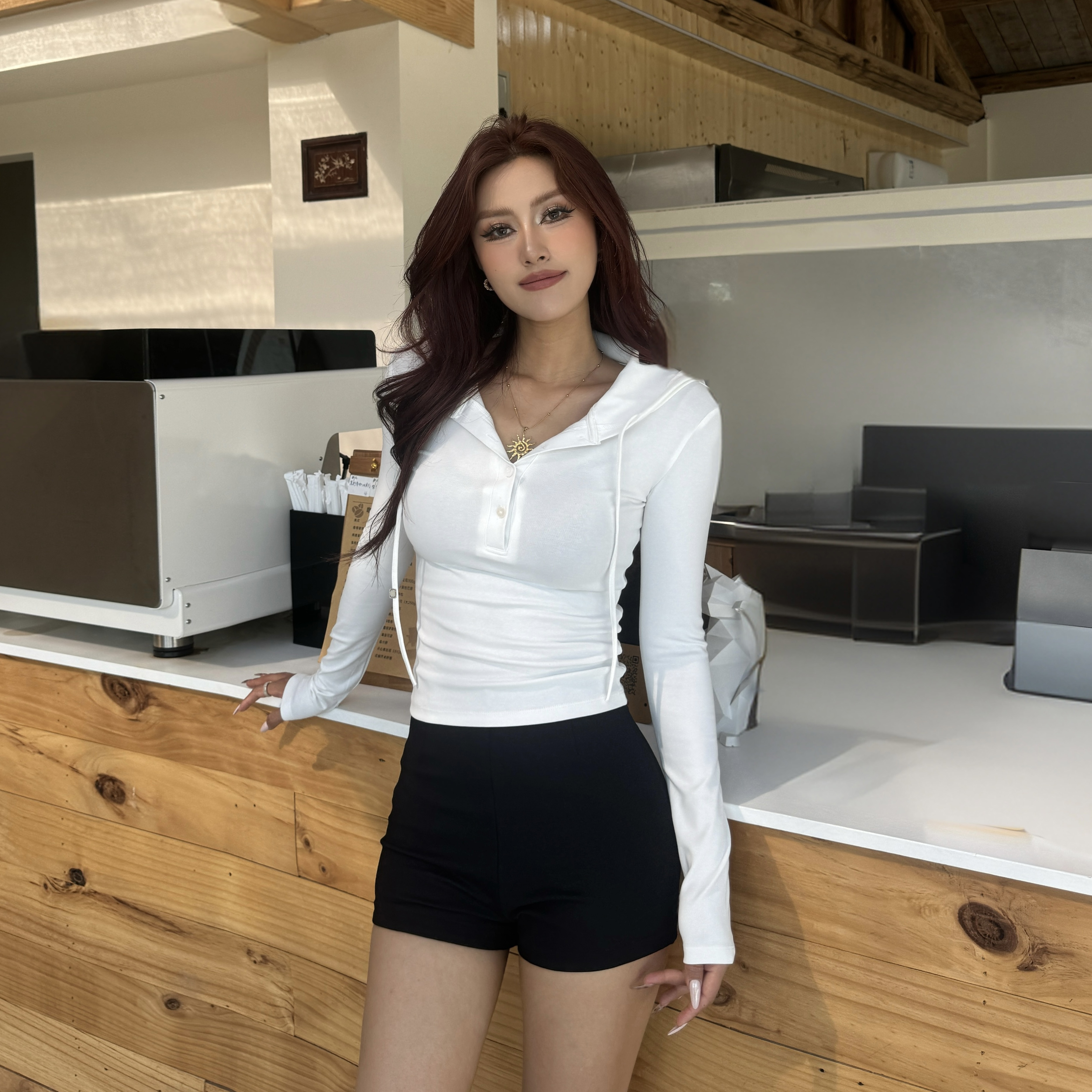 自制美式连帽亨利领正肩长袖t恤女早秋季修身打底衫收腰辣妹上衣