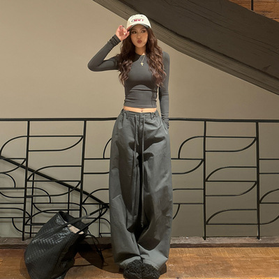 自制美式复古褶皱设计感休闲阔腿裤宽松百搭抽绳工装裤拖地裤