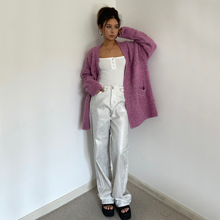 2024新款炸街Bling bling银白金属感高腰阔腿牛仔裤女宽松显瘦裤