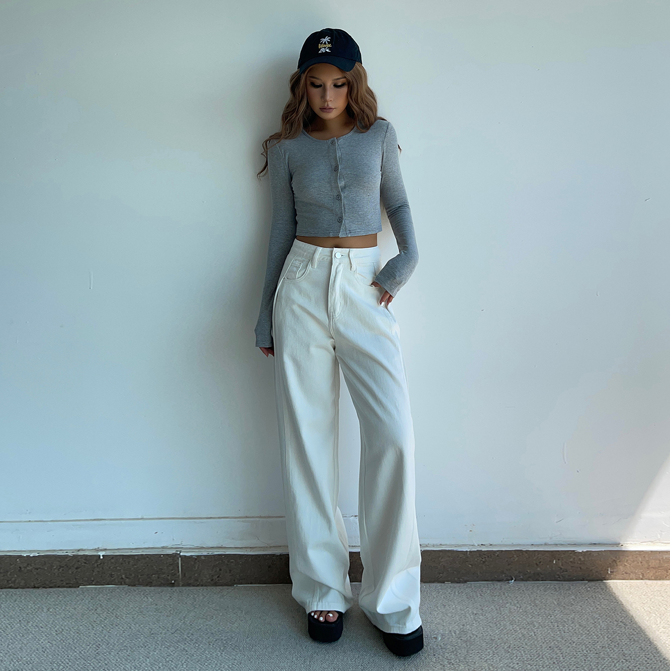 自留款推荐~美式复古高腰显瘦直筒白色牛仔裤女秋宽松百搭阔腿裤