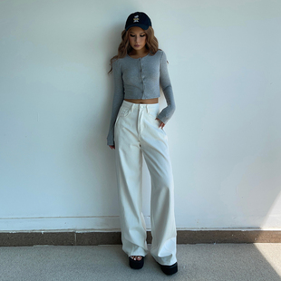 女秋宽松百搭阔腿裤 自留款 复古高腰显瘦直筒白色牛仔裤 美式 推荐
