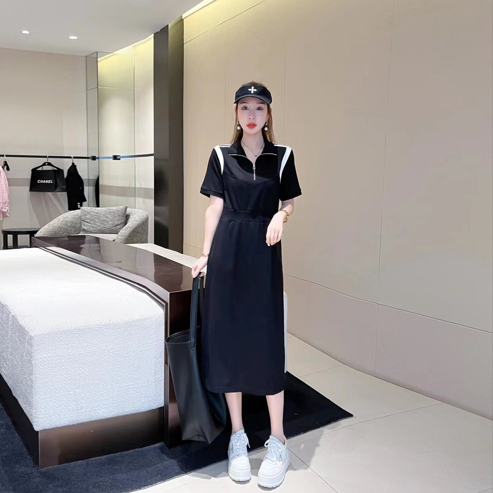 夏季连衣裙新款2025短袖polo领休闲收腰罗马棉显瘦中长款裙子女装