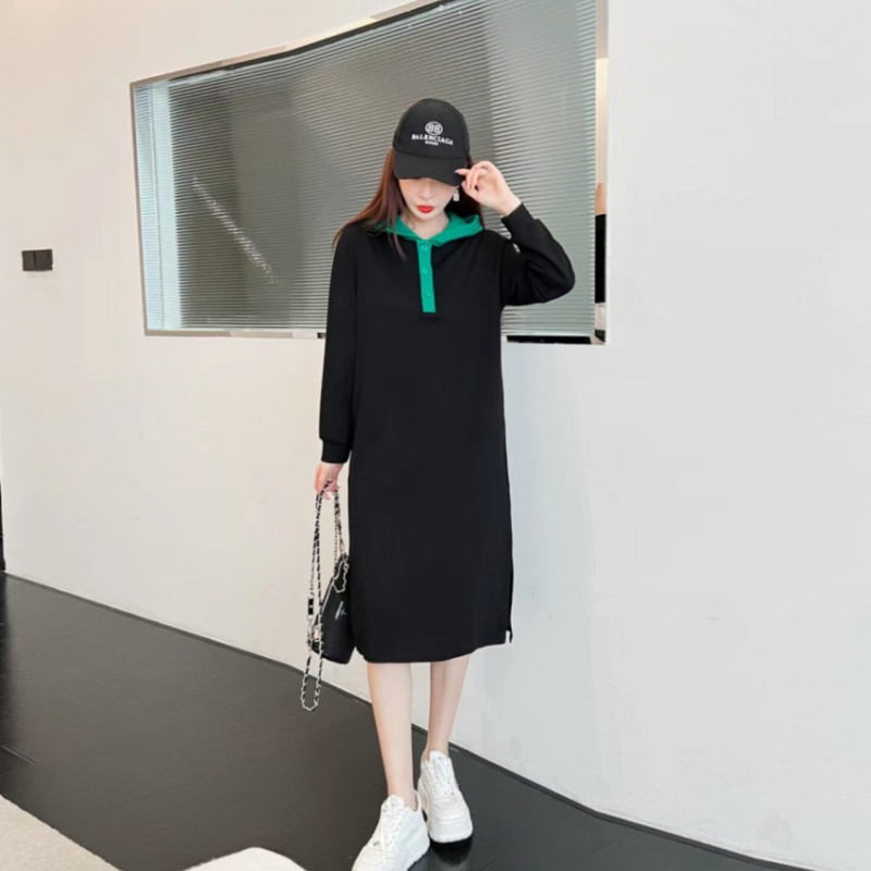 连帽时尚拼色纯棉连衣裙女中长款休闲宽松显瘦卫衣裙2025春季新款