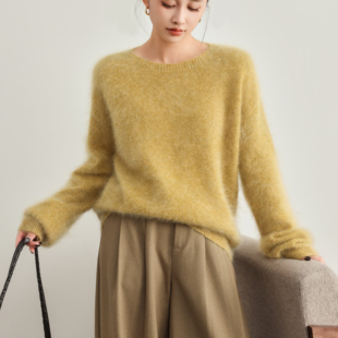 （康赛妮花纱圆领山羊绒拉毛拉绒针织衫圆领宽松加厚打底雾感毛衣
