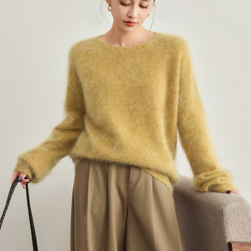 （康赛妮花纱圆领山羊绒拉毛拉绒针织衫圆领宽松加厚打底雾感毛衣