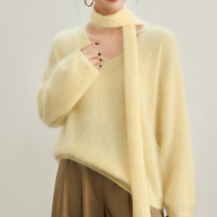 V领加围巾100%山羊绒拉绒时尚洋气V领套头百搭显瘦羊绒12-Z2521