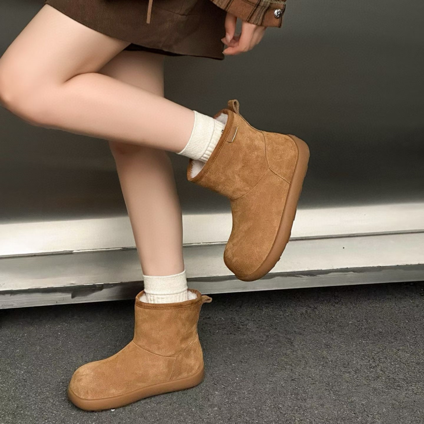 真皮休闲长毛加绒短靴冬季厚底