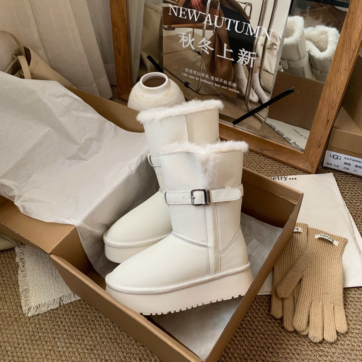 冬季韩版真皮羊毛保暖厚底雪地靴