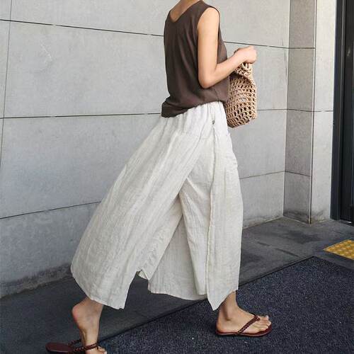 文艺复古假两件亚麻开叉裤裙女宽松休闲飘逸显瘦九分棉麻阔腿裤薄