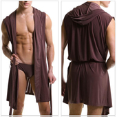 夏季 冰丝滑舒适浴衣 睡衣浴袍男带帽薄款 男士 睡袍青年柔软性感无袖