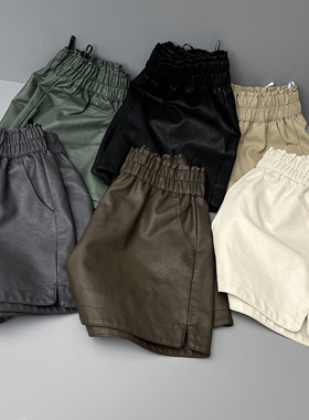 皮短裤阔腿裤女秋冬季高腰小个子宽松显瘦百搭开叉外穿打底皮靴裤