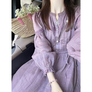 紫色连衣裙女春2026新款法式复古重工圆领长袖超好看衬衫气质长裙