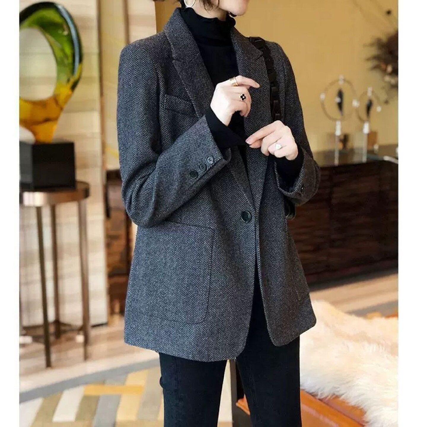 赫本风格纹西装毛呢大衣女显瘦