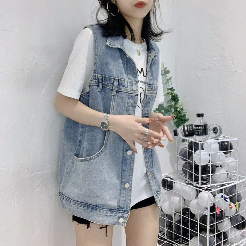 韩版潮春夏无袖牛仔马甲女中长款