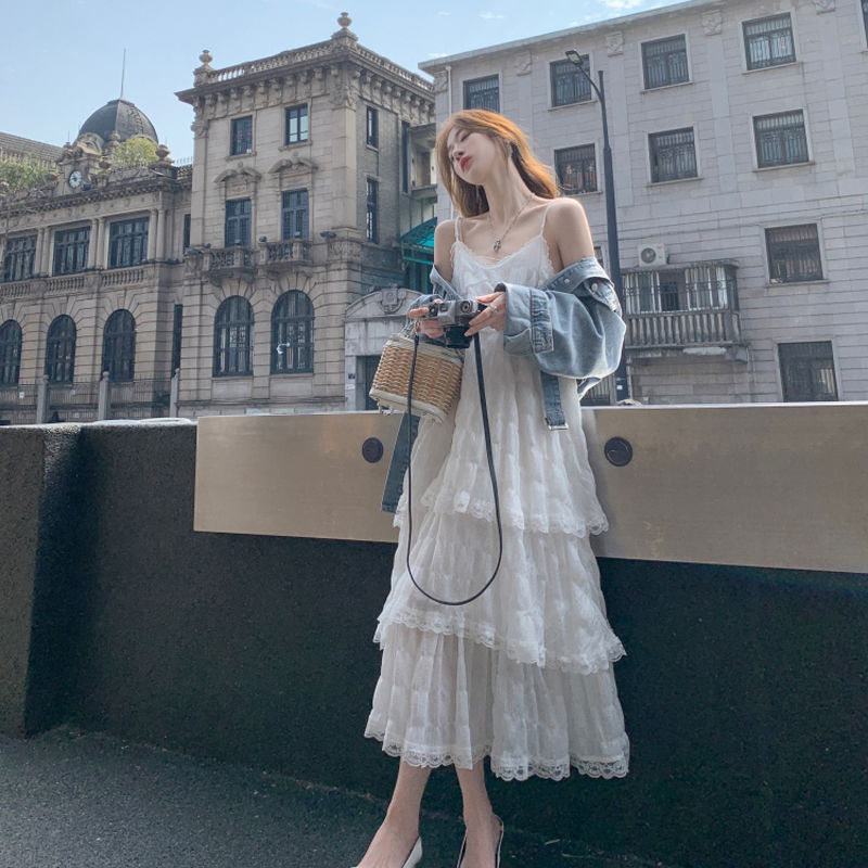2026法式吊带连衣裙女装夏季甜美减龄度假风小个子宽松蛋糕长裙子