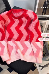 2023秋冬新款情侣撞色波浪条纹仿水貂毛针织衫设计感时髦毛衣P63图片