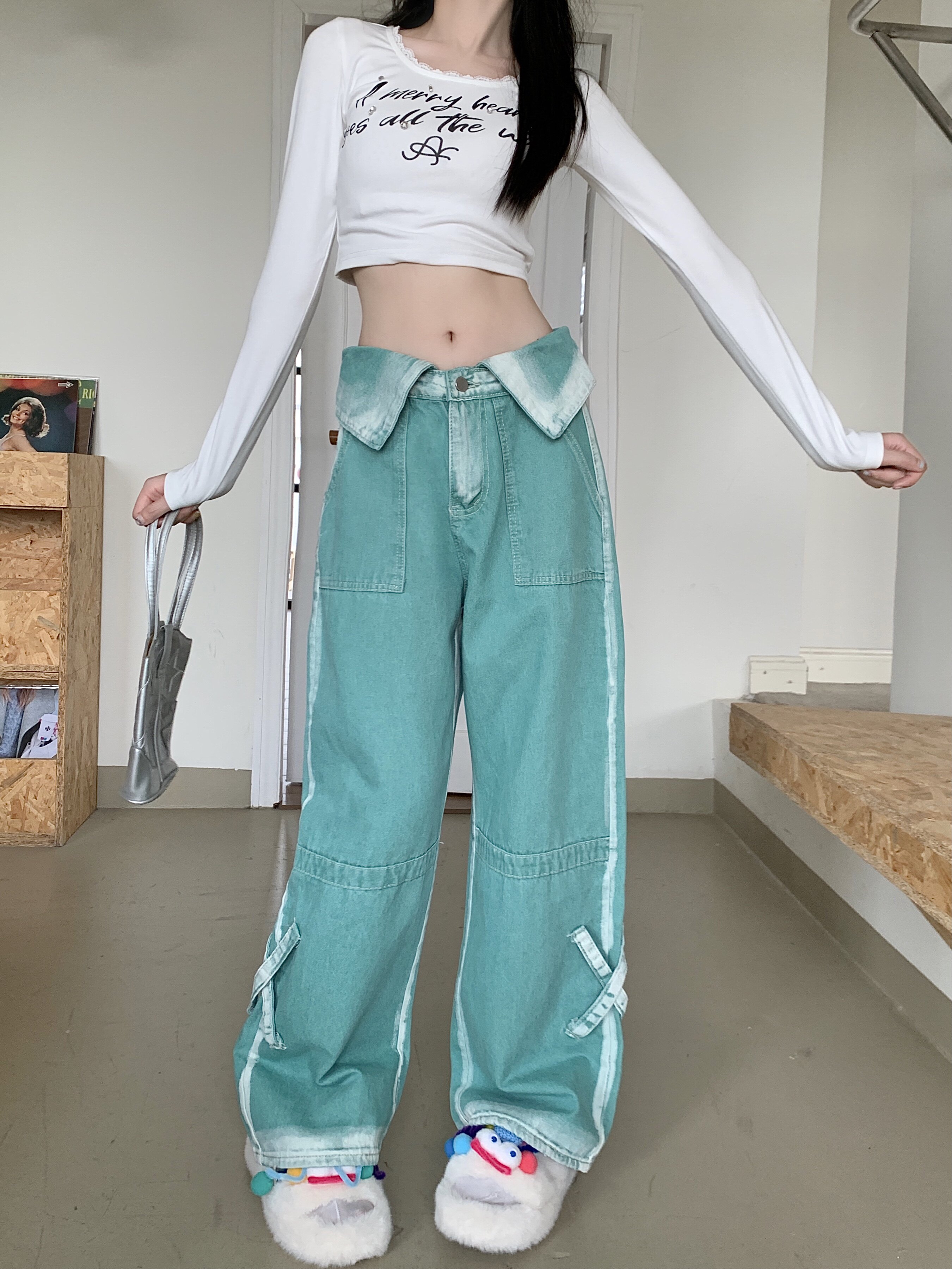 水洗撞色牛仔裤男女早秋复古翻领设计多巴胺穿搭辣妹直筒裤P68,男装牛仔裤,四季星座218-1