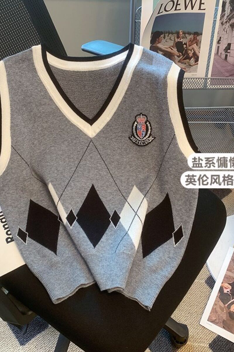 日系温柔学院风外穿洋气针织马甲男女V领宽松坎肩无袖刺绣背心P53,男装针织衫/毛衣,四季星座218-1