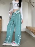 水洗撞色牛仔裤男女早秋复古翻领设计多巴胺穿搭辣妹直筒裤P68，男装牛仔裤，四季星座218-1