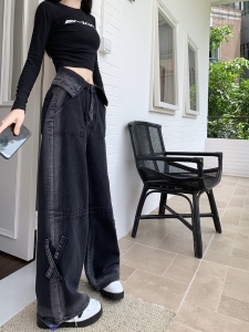 早秋新款渐变牛仔裤女翻边腰头设计感宽松显瘦长裤裤子P63