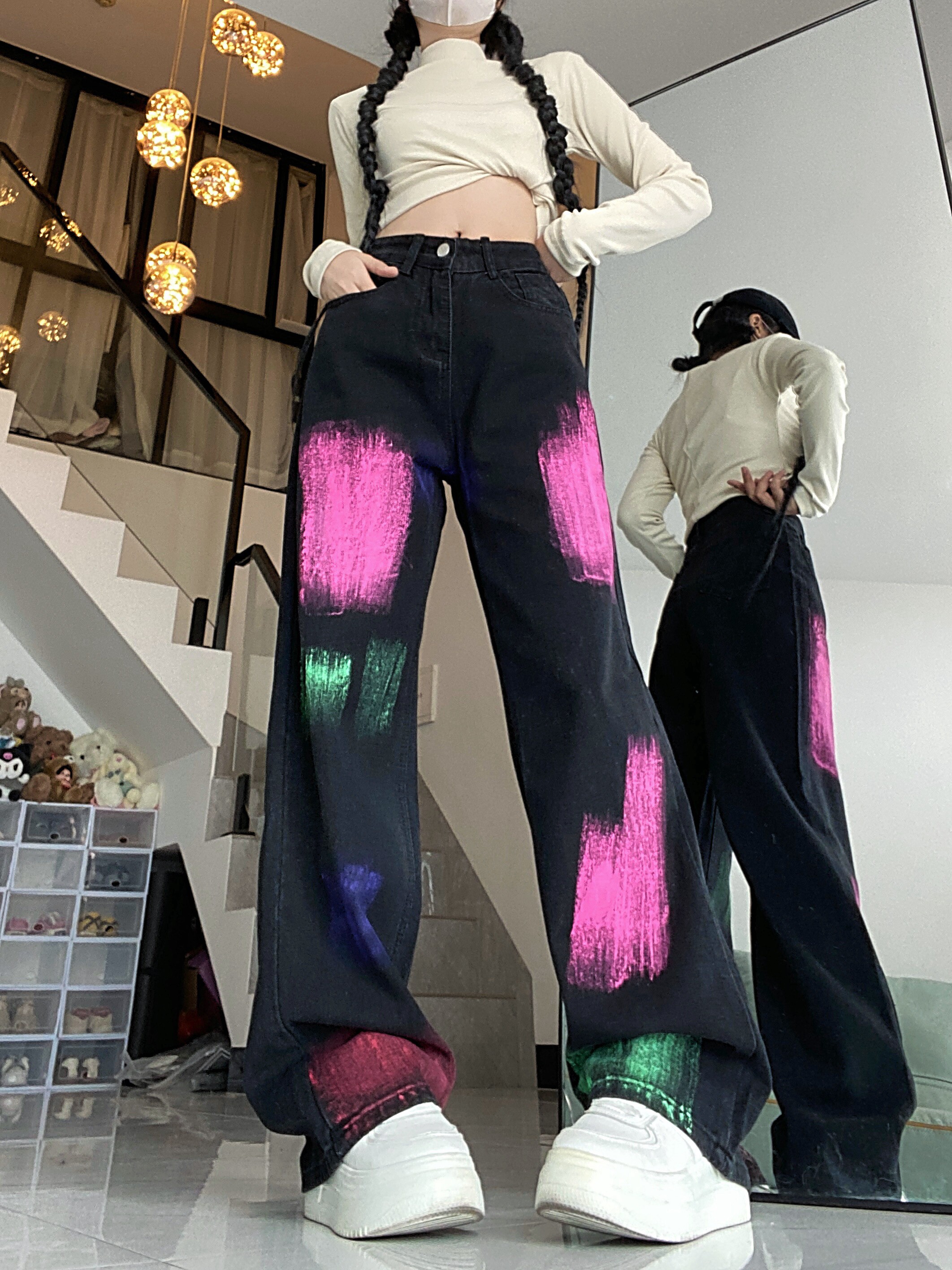 喷漆印花涂鸦美式男女复古创意百搭休闲宽松直筒阔腿裤insP55图片