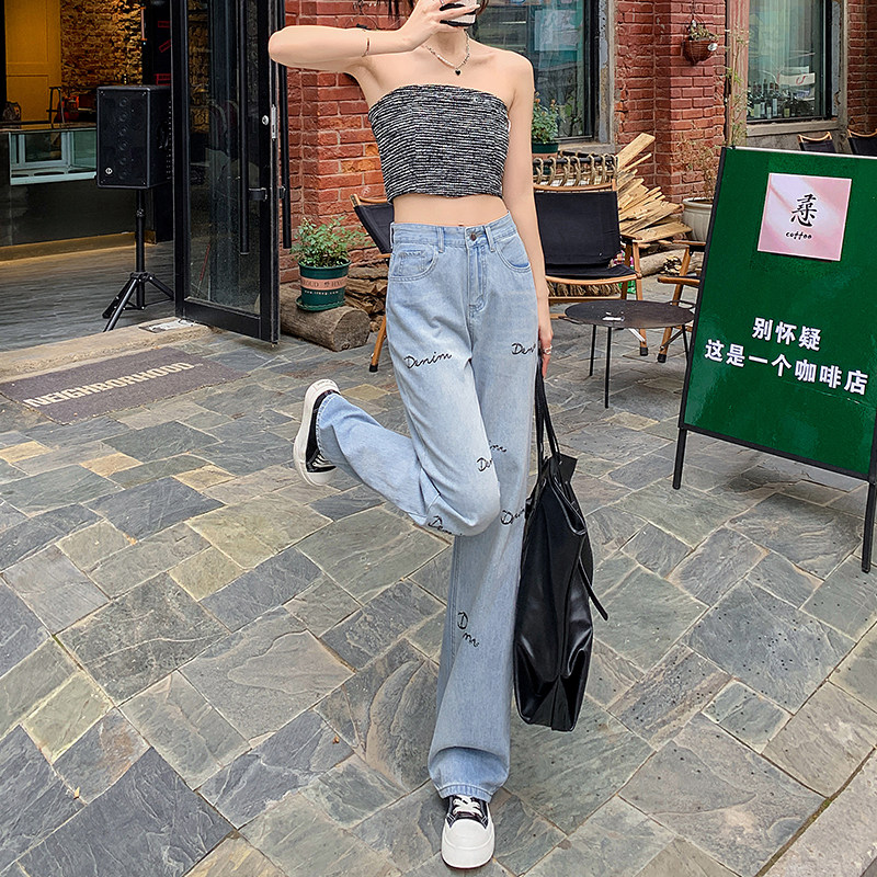 夏季薄款高腰显瘦阔腿裤2023新款牛仔裤女宽松直筒裤印花烫钻P60,女装牛仔裤,四季星座218-1