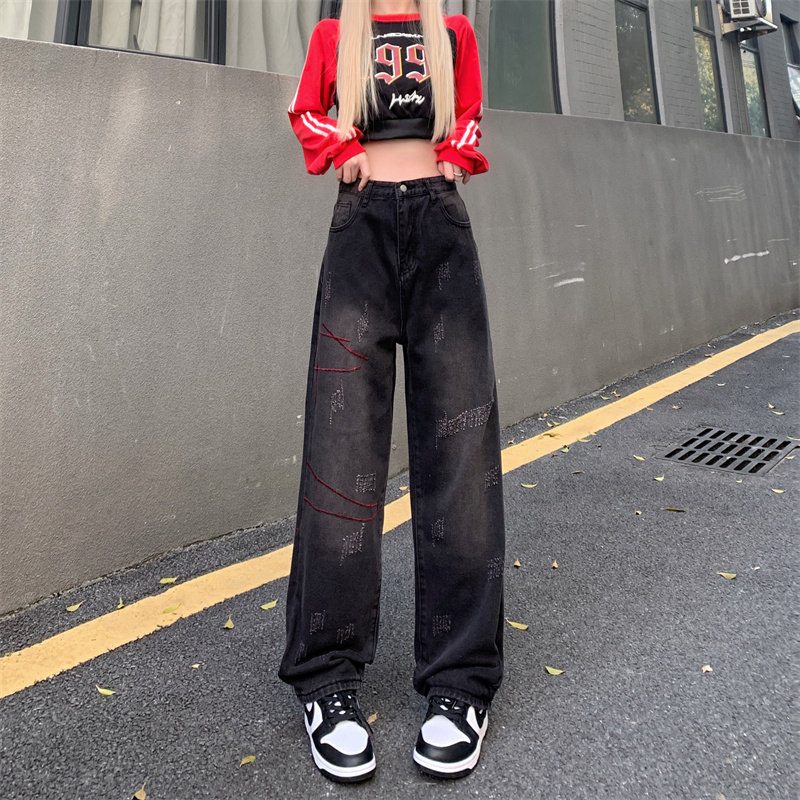 美式辣妹韩版牛仔裤ins潮秋磨破做旧水洗直筒宽松阔腿长裤子P58图片