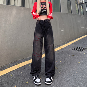 美式辣妹韩版牛仔裤ins潮秋磨破做旧水洗直筒宽松阔腿长裤子P58图片