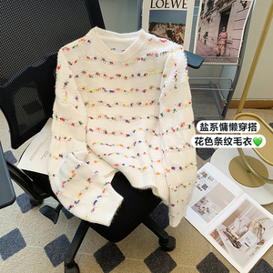 圆领条纹针织毛衣早秋设计感小众慵懒风百搭宽松洋气上衣潮P58