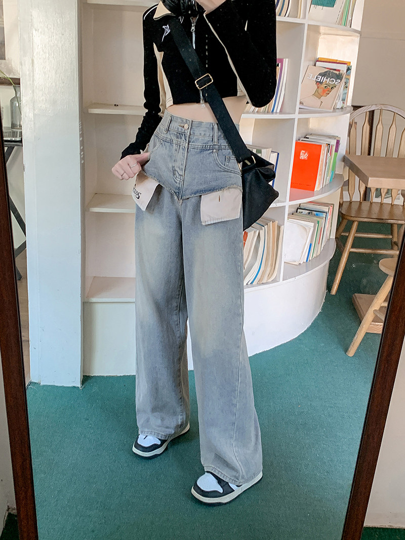 美式高街显瘦直筒牛仔裤中性风女设计感露袋拼接街头阔腿长裤,男装牛仔裤,四季星座218-1