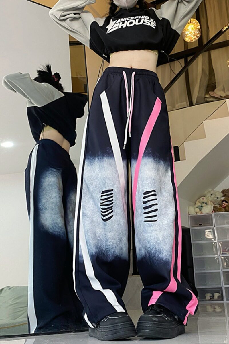 高街复古扎染裤子男女2024新款宽松直筒束脚抽绳阔腿休闲裤潮P58,男装休闲裤,四季星座218-1