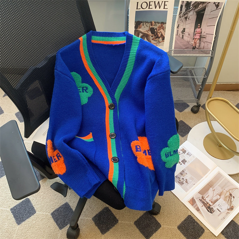 克莱因蓝撞色小花毛衣外套女秋冬新款宽松慵懒风洋气针织开衫P68,男装针织衫/毛衣,四季星座218-1