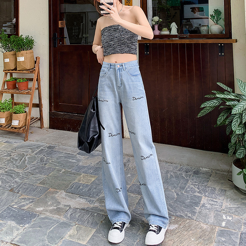 夏季薄款高腰显瘦阔腿裤2023新款牛仔裤女宽松直筒裤印花烫钻P60,女装牛仔裤,四季星座218-1