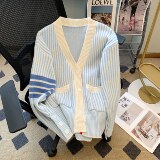 甜美学院风减龄针织开衫男女2023秋冬宽松百搭V领条纹外套P58，男装针织衫/毛衣，四季星座218-1