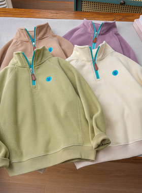 儿童双面绒卫衣秋冬装2025新款冬季男童女童半拉链一体绒打底衫