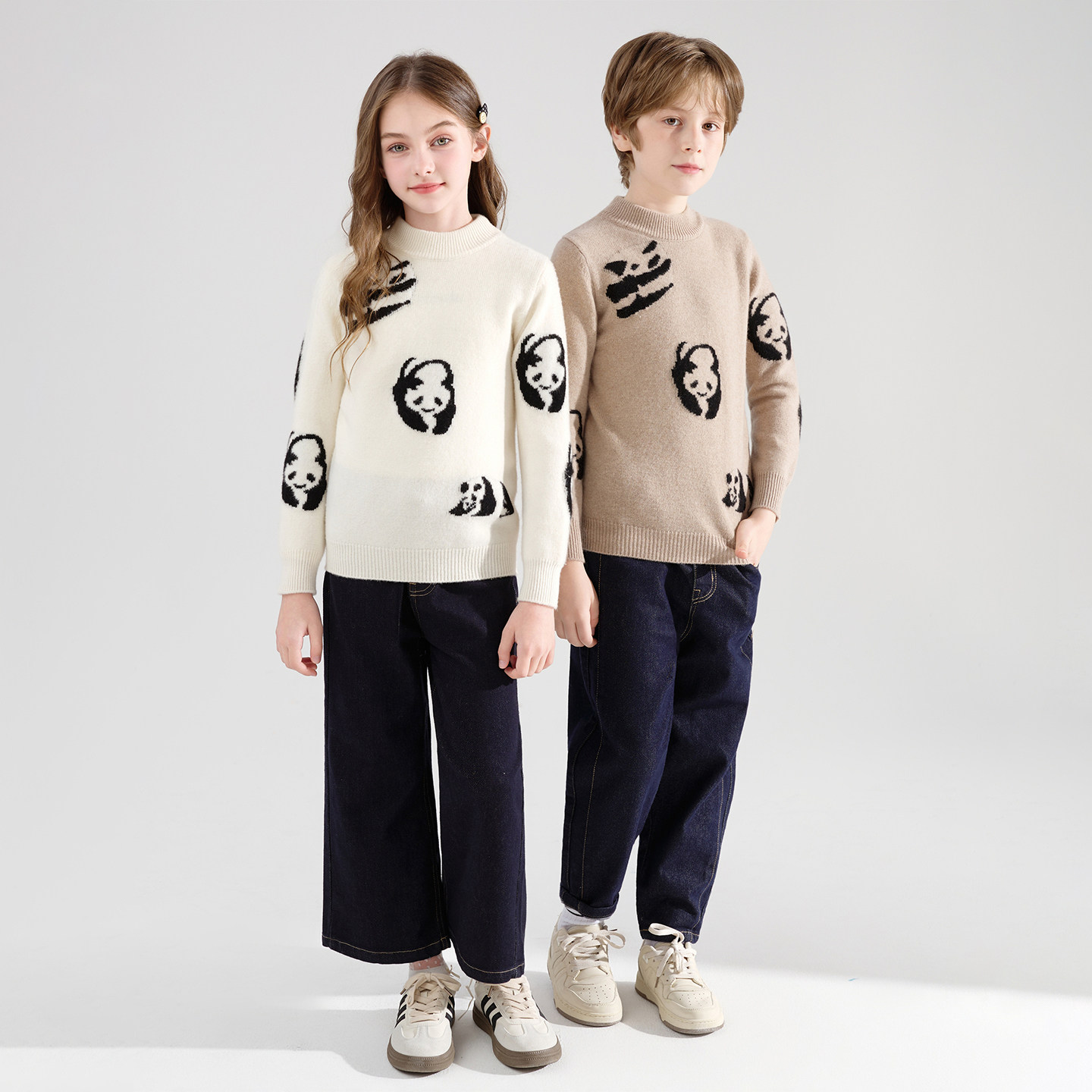 儿童秋冬新款100%羊毛衫男女圆领加厚毛衣针织打底衫熊猫卡通图案