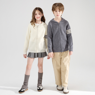 秋冬新款儿童100%羊毛衫男童女童加厚连帽拉链针织开衫毛衣外套