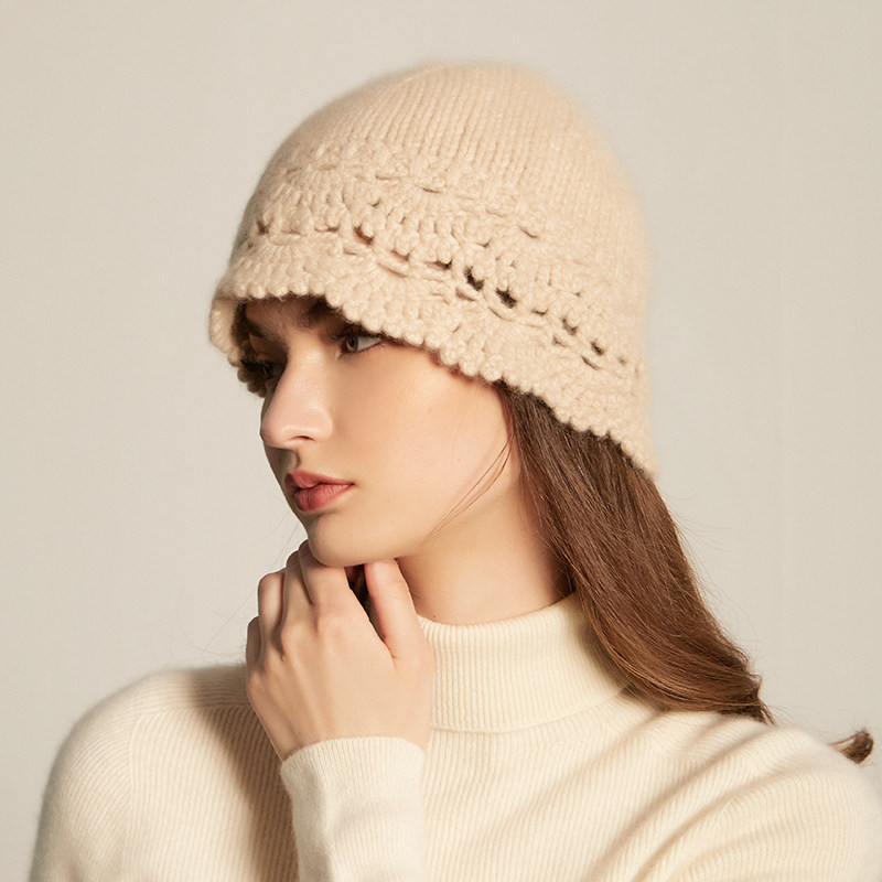 重磅~100%纯山羊绒帽子女纯手工钩花镂空针织帽百搭包头护耳帽