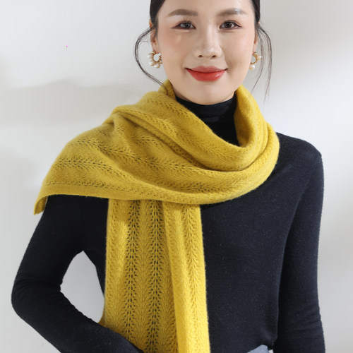 秋冬100%纯山羊绒镂空针织围巾女