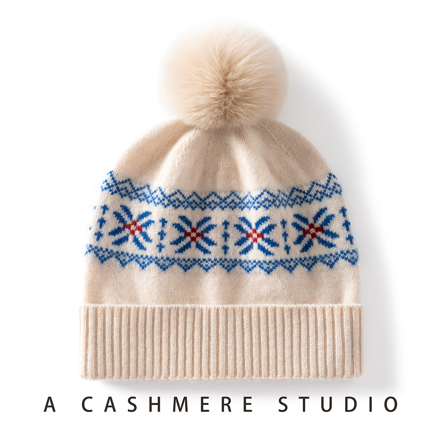 费尔岛风100%纯山羊绒提花毛球帽